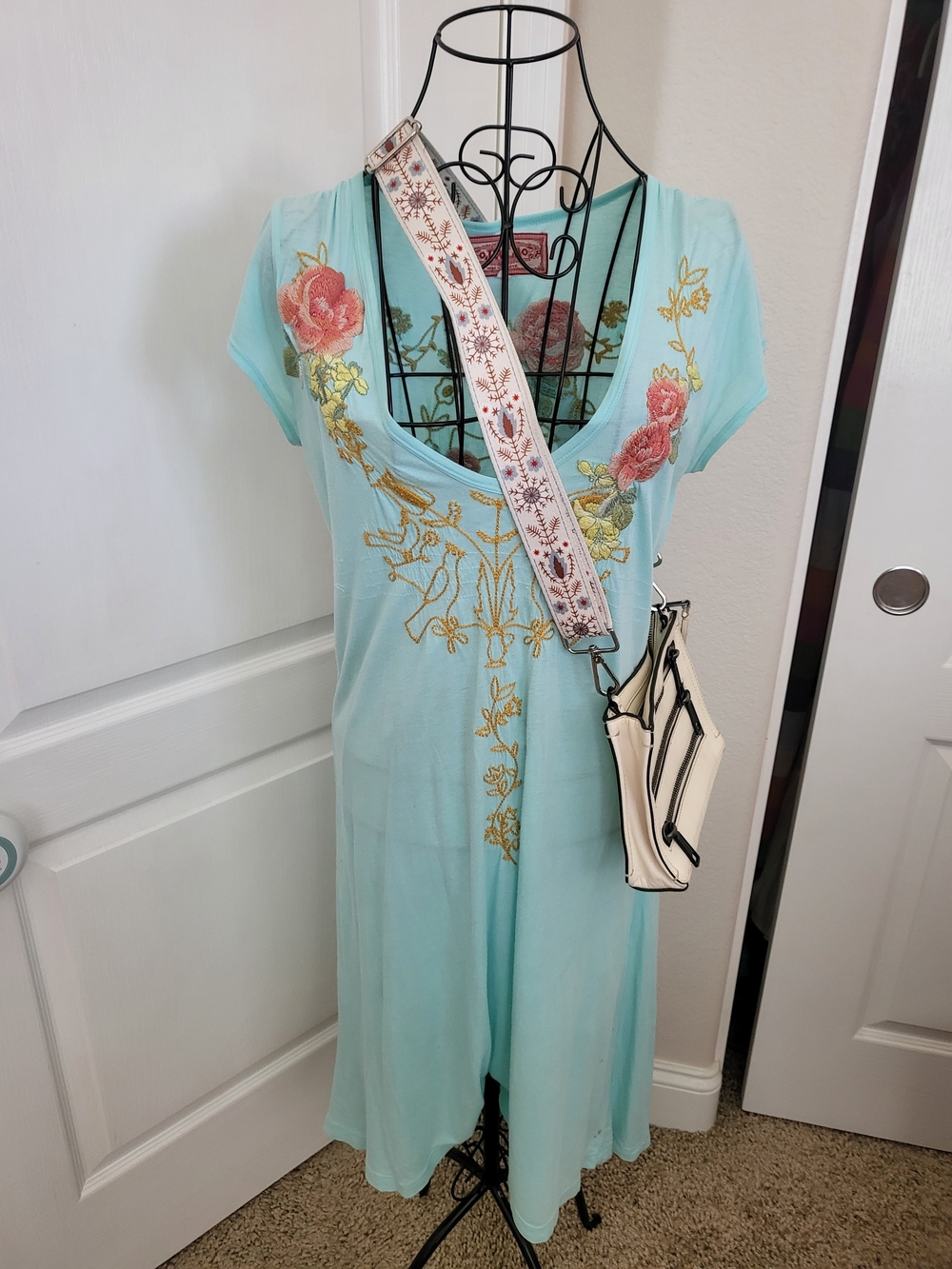 Johnny Was, Embroidered Mint Floral V-Neck Dress